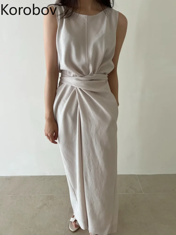 Woherb Version Vintage Fashionable Dress Mature Office Lady Summer Robe Sleeveless Solid Color