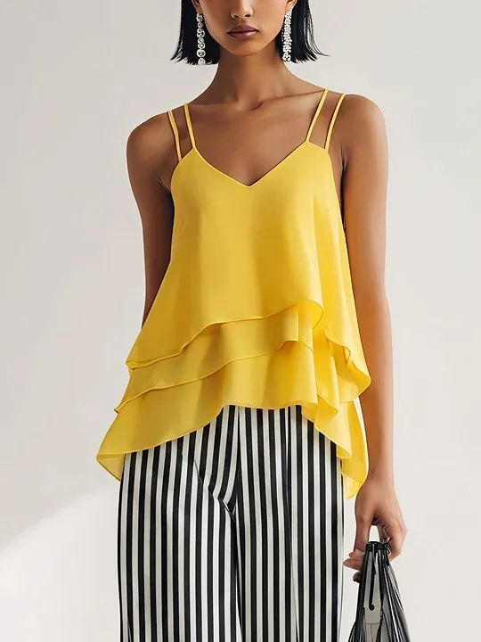 Women’s Yellow Satin Layered Ruffle Cami Top & Black-and-White Cotton Blend Striped Wide-Leg Pants Two-Piece Set