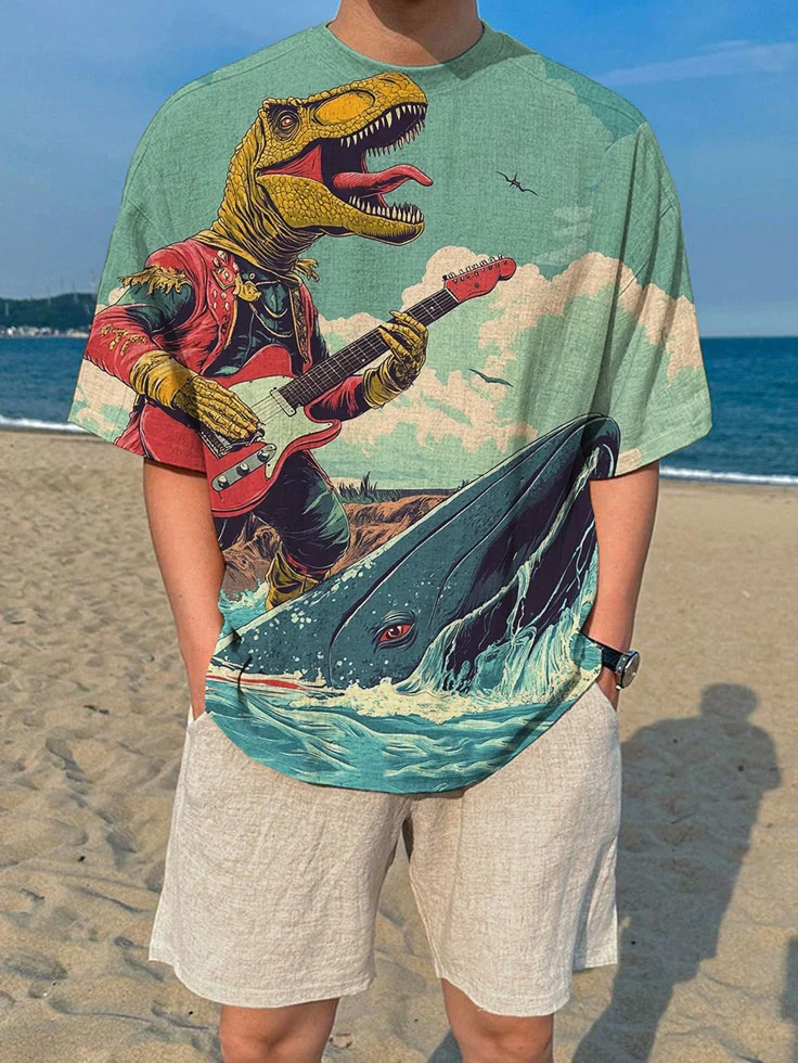 Men's Dinosaur Playing Electric Guitar Whale Seaside Vacation Art Print T-Shirt