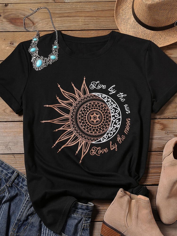 Sunflower Moon Print Short Sleeve Casual T shirt For Women P1659645