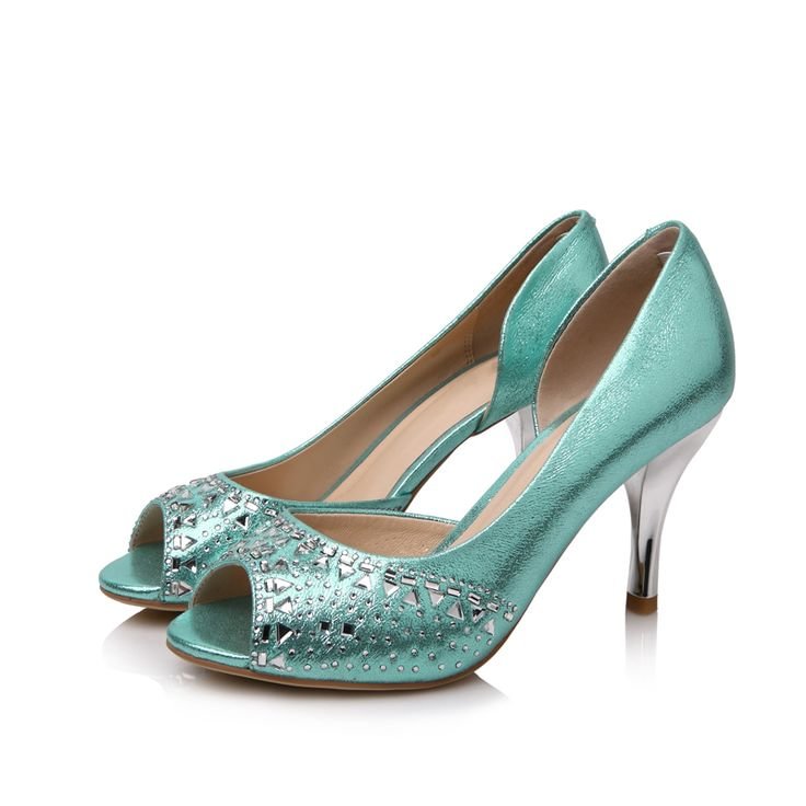 Women's Wedding shoes Cyan Peep Toe Rhinestone Stiletto Heel Pumps |FSJ Shoes