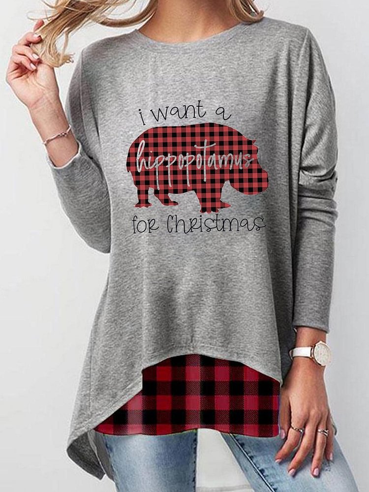 Bestdealfriday Christmas Print Stitching Round Neck Casual Ladies Pullover Top