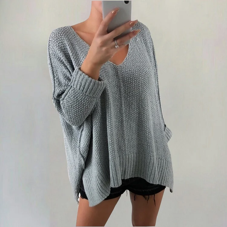 Daily V Neck Long Sleeve Irregular Hem Solid Sweater