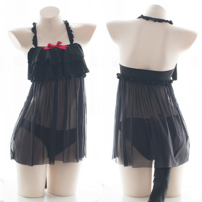 Black Falbala Bow Cat Tail Lingerie Set SP13565