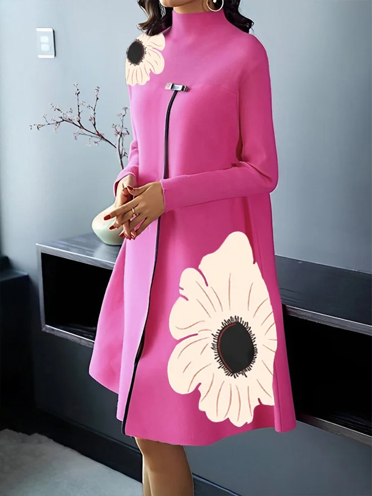 Plus Size Stand Collar High Elasticity Floral Loose Long Sleeve Urban Dress VangoghDress