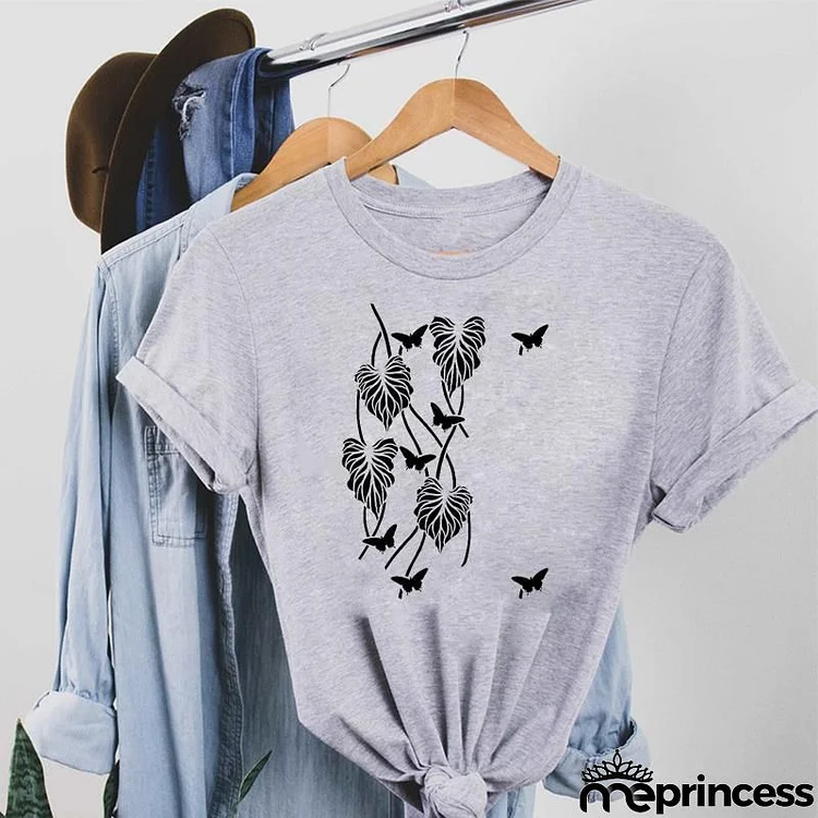 Women Fashion Cartoon Butterfly Flower Print Round Neck Short Sleeve T-Shirt