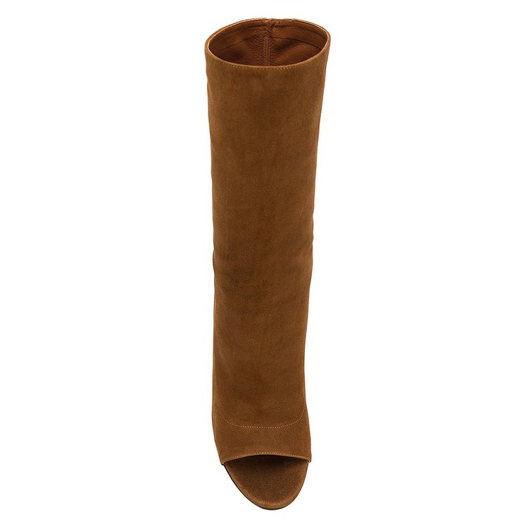 Brown Stiletto Boots Suede Peep Toe Stiletto Heel Mid-calf Boots |FSJ Shoes