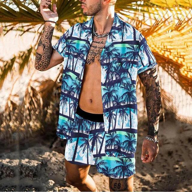 Men's Clothing European and American AliExpress Amazon new men's casual loose beach wear leaf print shirt suit_ ecoleips_old