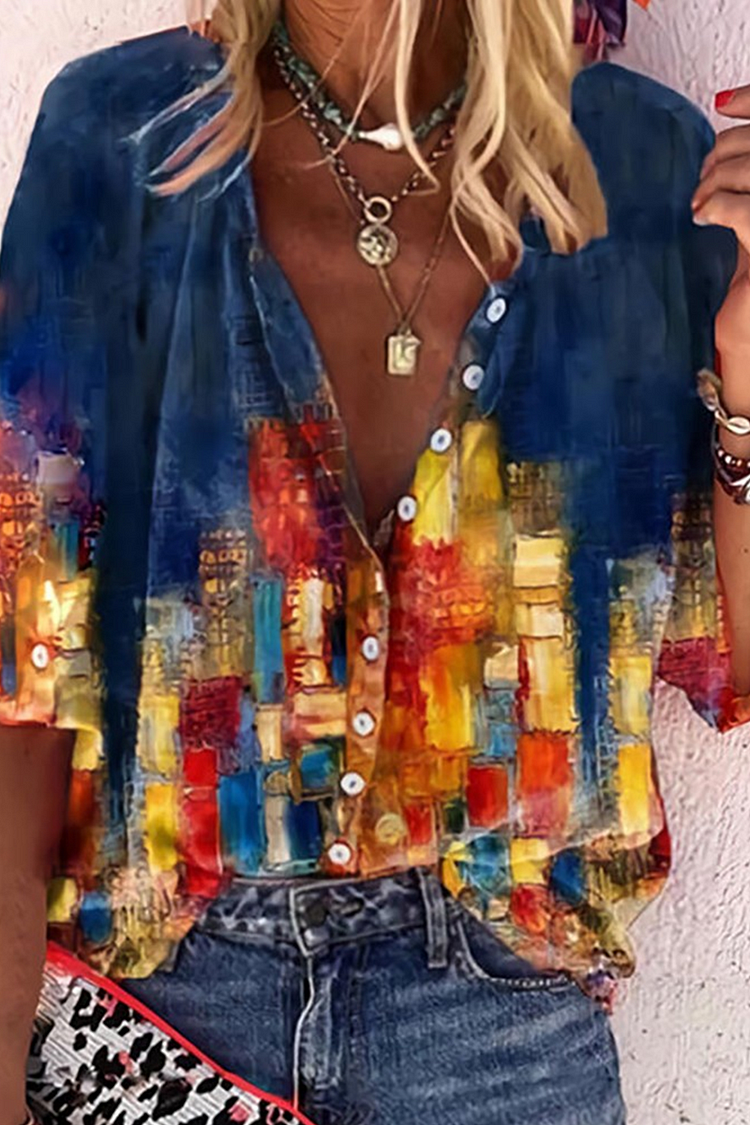 Street Print Buckle Mandarin Collar Tops(3 Colors) - Life is Beautiful for You - SheChoic