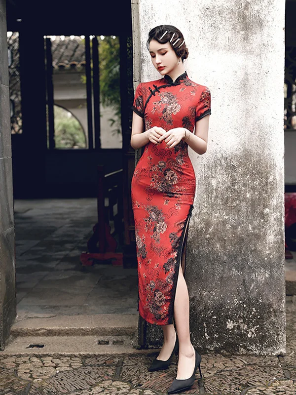Stand-Up Collar Printed Slouchy Slim Fit Short Sleeve Cheongsam With High Slit Maxi Dress