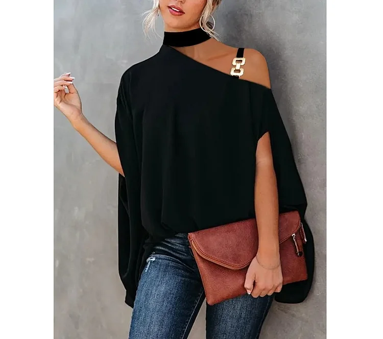 Women's casual solid color short-sleeved black one-line collar long chiffon temperament commuting v-neck pullover shirt_ ecoleips_old