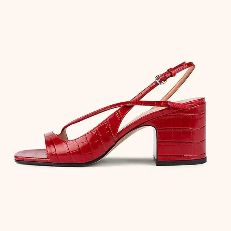 Red Croco Embossed Square Toe Shoes Office Slingback Heeled Sandals |FSJ Shoes