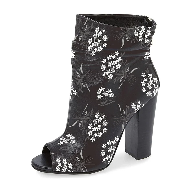FSJ Black Peep Toe Booties Floral Print Chunky Heel Slouch Boots |FSJ Shoes