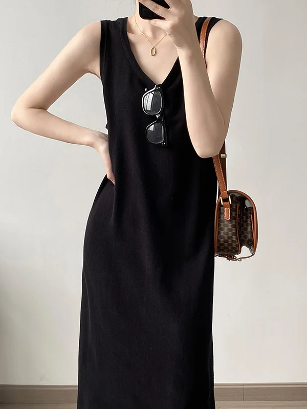 Roomy Sleeveless Pure Color Split-Side Round-Neck Midi Dresses