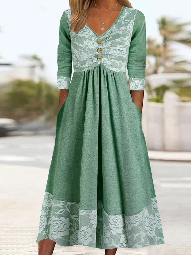 Women's Long Sleeve V-neck Floral Lace Pockets Midi Dress