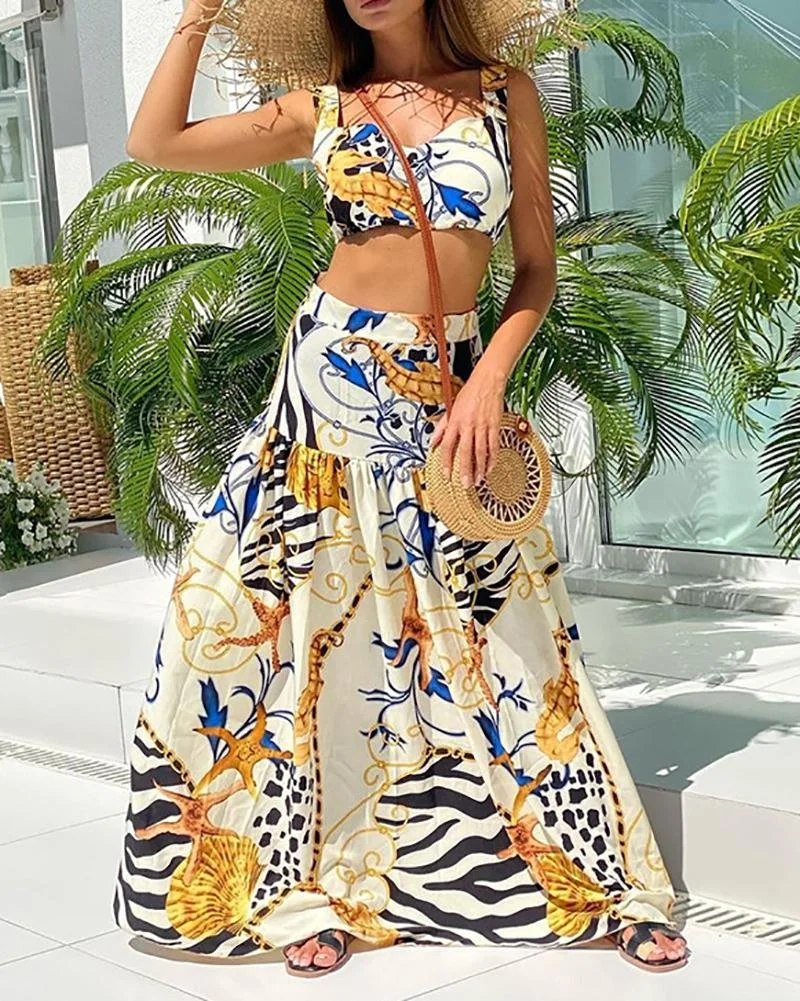 Sexy Off Shoulder Midriff-Baring Floral Printed Top Skirt Set