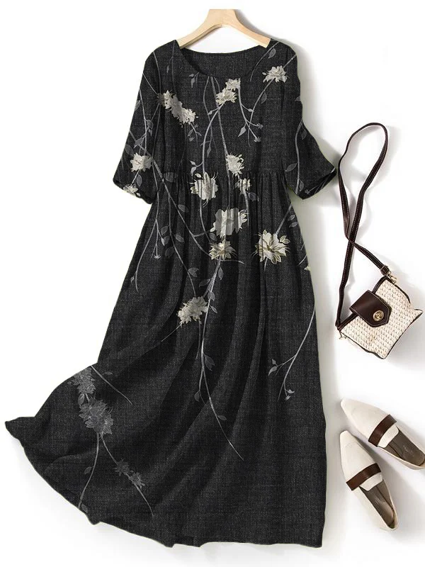 Women's Elegant Flower Vine Art Print Crew Neck Maxi Dress