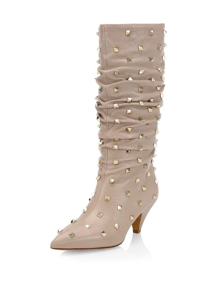 Nude Slouch Boots Studs Pointy Toe Kitten Heel Boots |FSJ Shoes