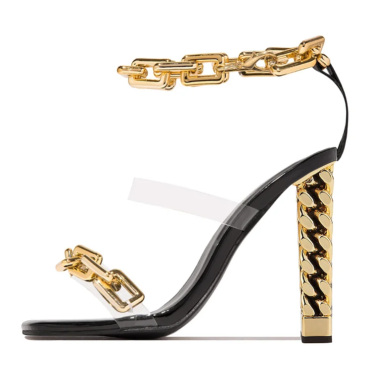 Black Square Toe Clear Strap Gold Chain Sandals with Decorative Heel |FSJ Shoes