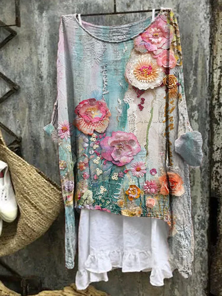 Comstylish Vintage Floral Print Linen Blend Casual Shirt