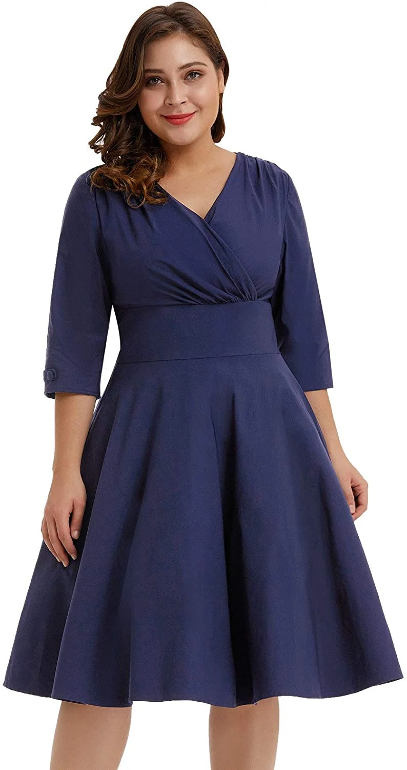 Women's Vintage 1950s Style Sleeved Plus Size Swing Dress