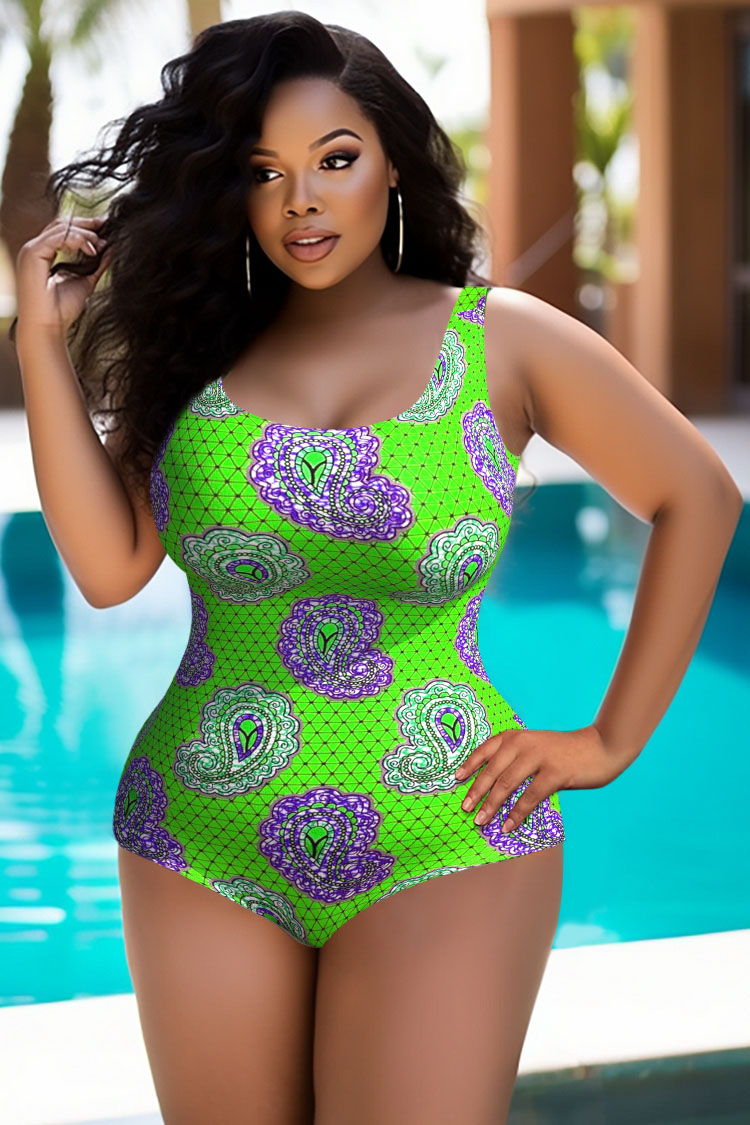 TROPICAL LEAF PRING ONE PIECE PLUS SIZE SWIMSUIT - WalterGreenBoutique
