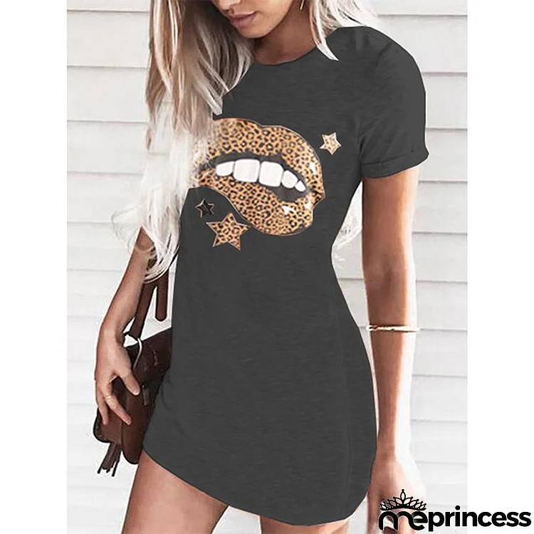 Women Fashion Casual Lips Floral Graphic Printed Round Neck Short Sleeve Dress