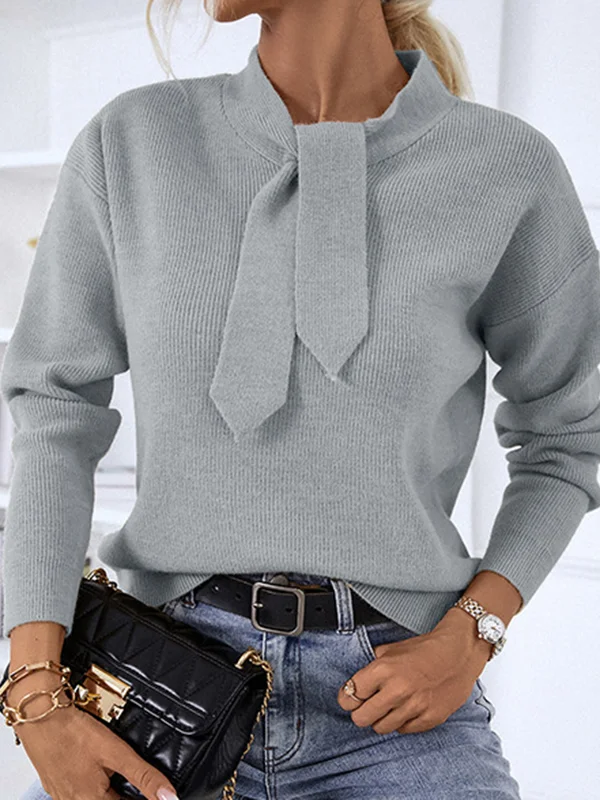 Trendy Tops Long Sleeves Roomy Pure Color Scarf Neck Sweater Tops