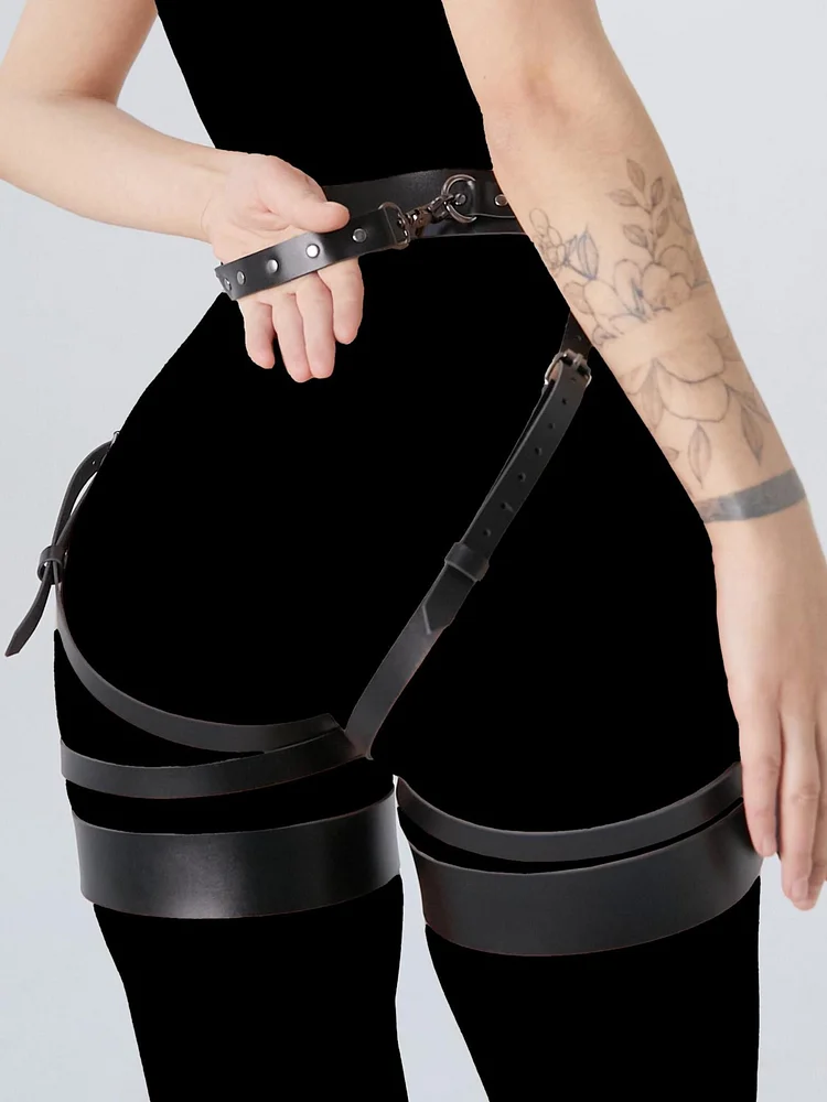 pornhint Pornhint Custom Black Leather Garter Harness with Handle, Butt Garters, Bondage Thigh Harnesses, Crotchless Panties, Plus Size Harness, Rave Outfit leather harness women