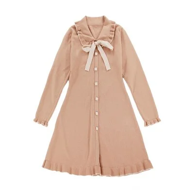Pink/Beige Korean Elegant Princess Sweet Bow Knitted Dress BE411