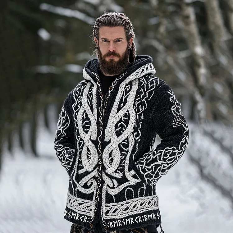 Men's Viking Berserker Warrior Runes Celtic Knot Chunky Knit Zipper Hooded Cardigan