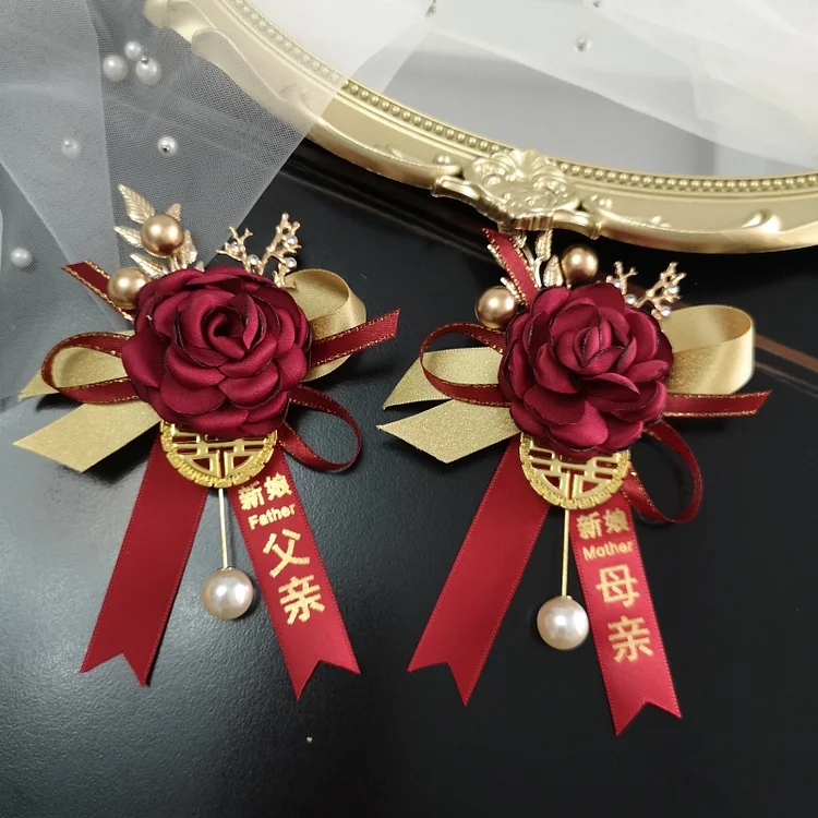Red pink wedding Chinese wedding corsage rose brooch welcome VIP guest Xiuhe ceremony business boutonniere 听香阁 手腕花 结婚胸花 婚礼用品 ldooo