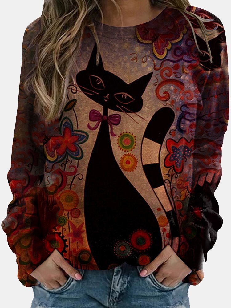 Cat Calico Printed Long Sleeve O neck T shirt For Women P1762569