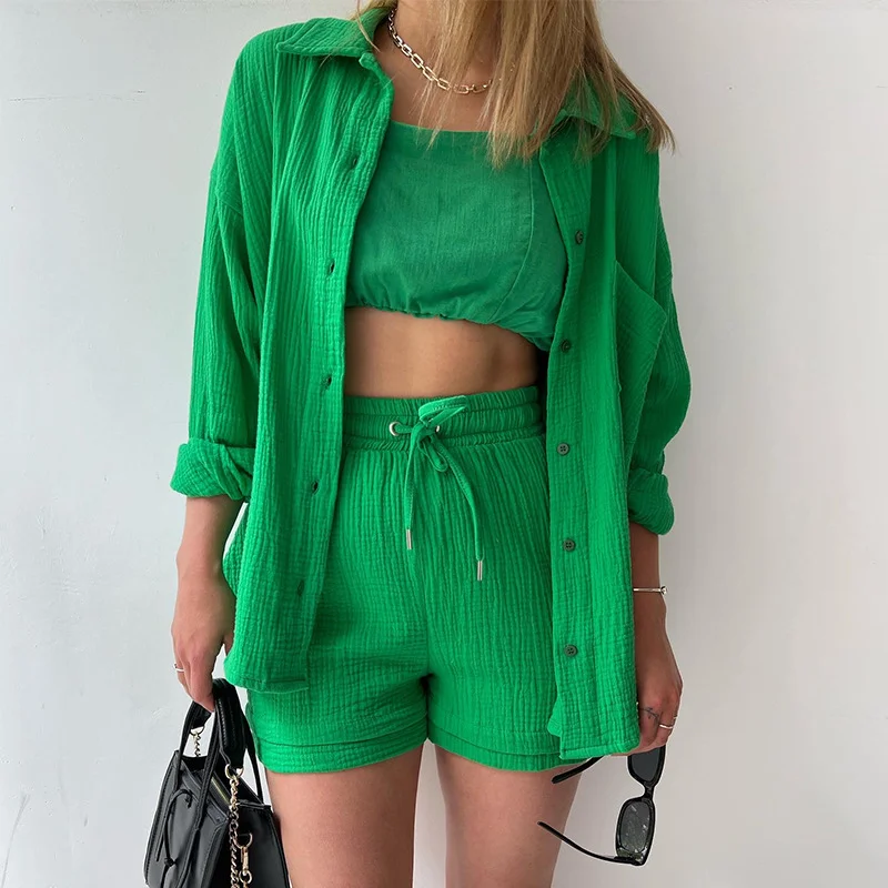Women's Two-piece Ruffled Collar Long Sleeved Shirt With High Waisted Drawstring Shorts