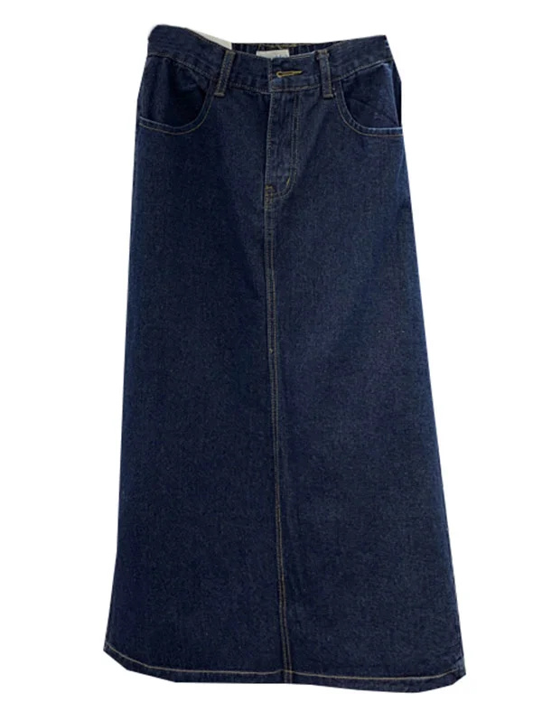 Dark Blue Split-Back Casual High-Waist Denim Skirt