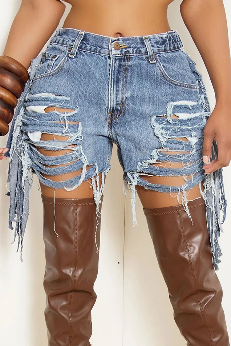 Denim Fringed Cut Out Pocket High Waist Shorts