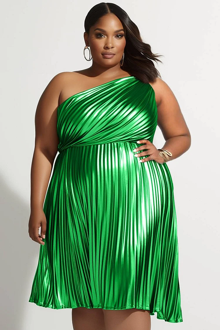 Plus Size Party Mini Dresses Elegant Green Fall Winter Oblique Collar Pleated Glitter Fabric Mini Dresses [Pre-Order]