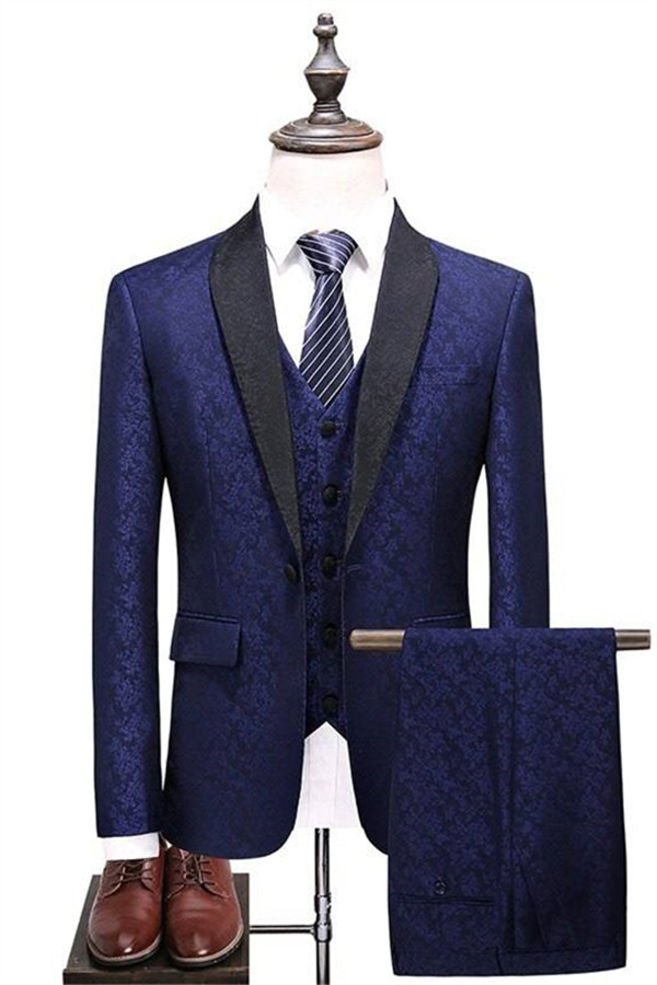 Dresseswow Shawl Lapel Navy Blue Three Pieces Groomsman Suit Men's Wear