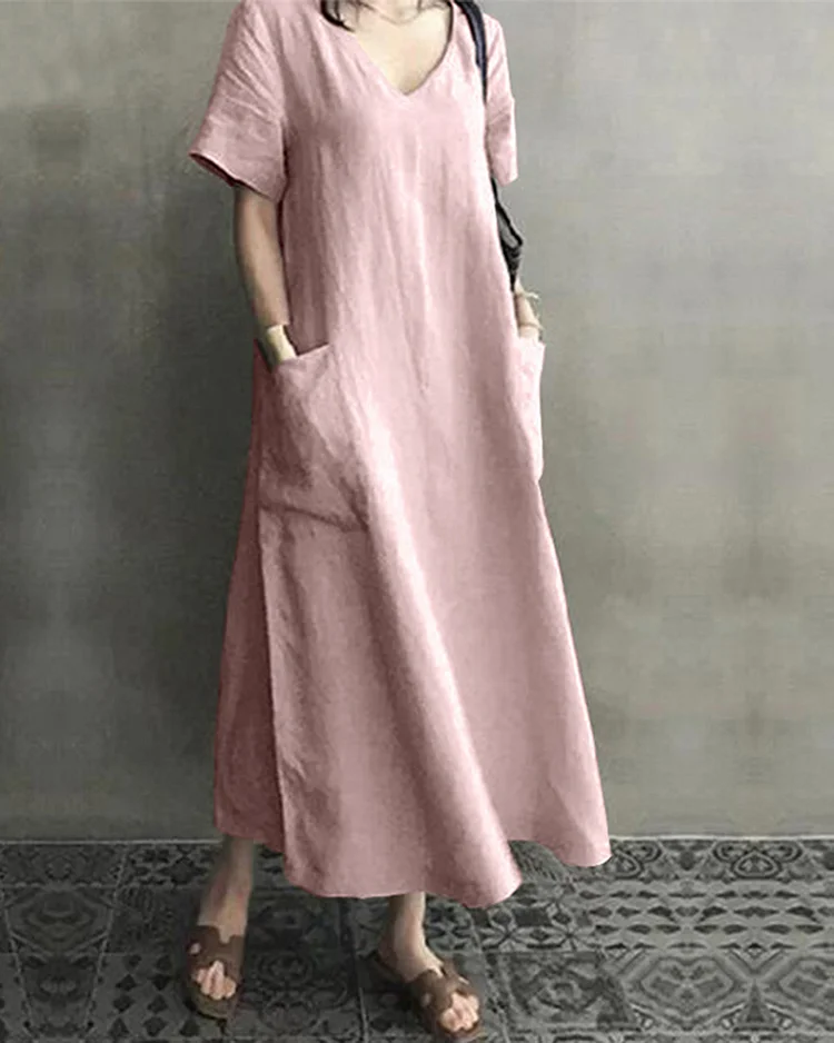 V-neck Cotton Linen Pocket Casual Dress