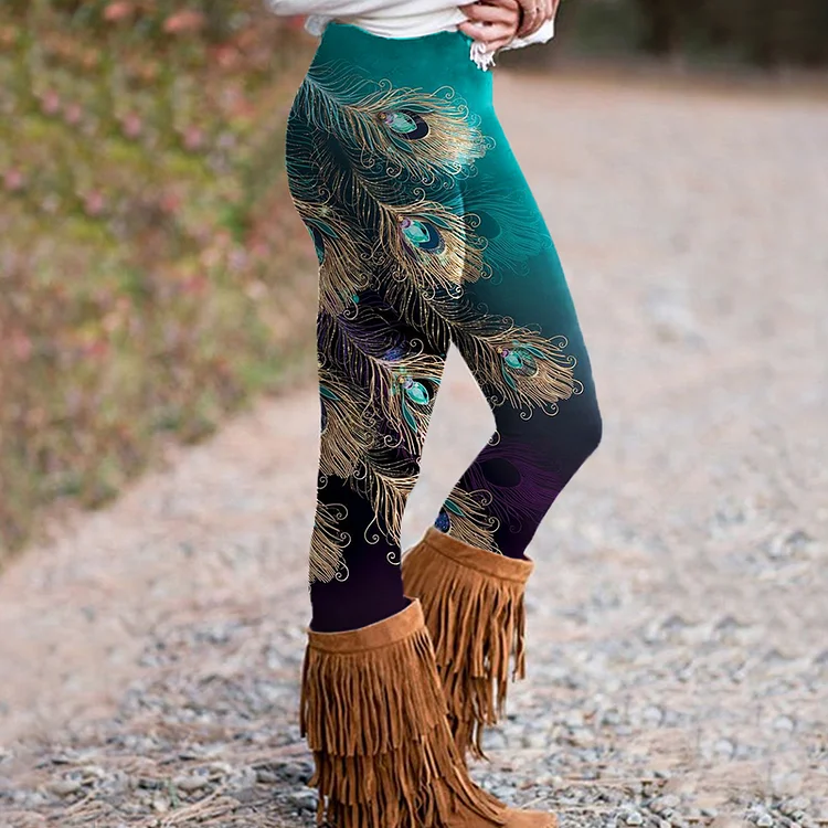 Comstylish Women's Western Peacock Feathers Printed Casual Leggings