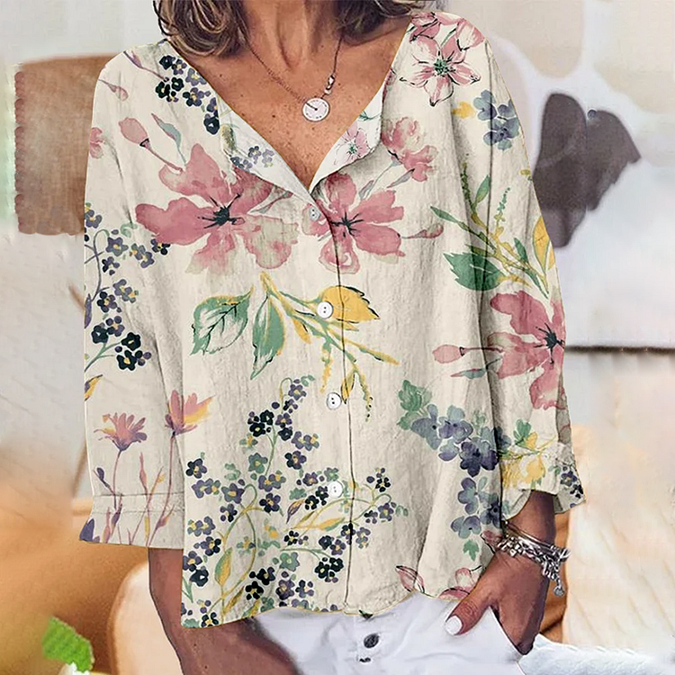Comstylish Women's Botanical Floral Print Loose Cotton Linen Shirt