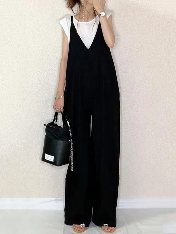 Loose Sleeveless Solid Color Split-Joint Spaghetti-Neck Overalls