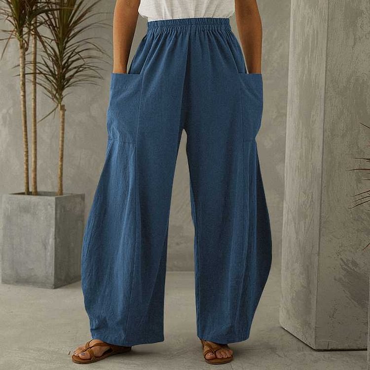 Comstylish Loose casual wide leg stretch waist big pocket solid color trousers
