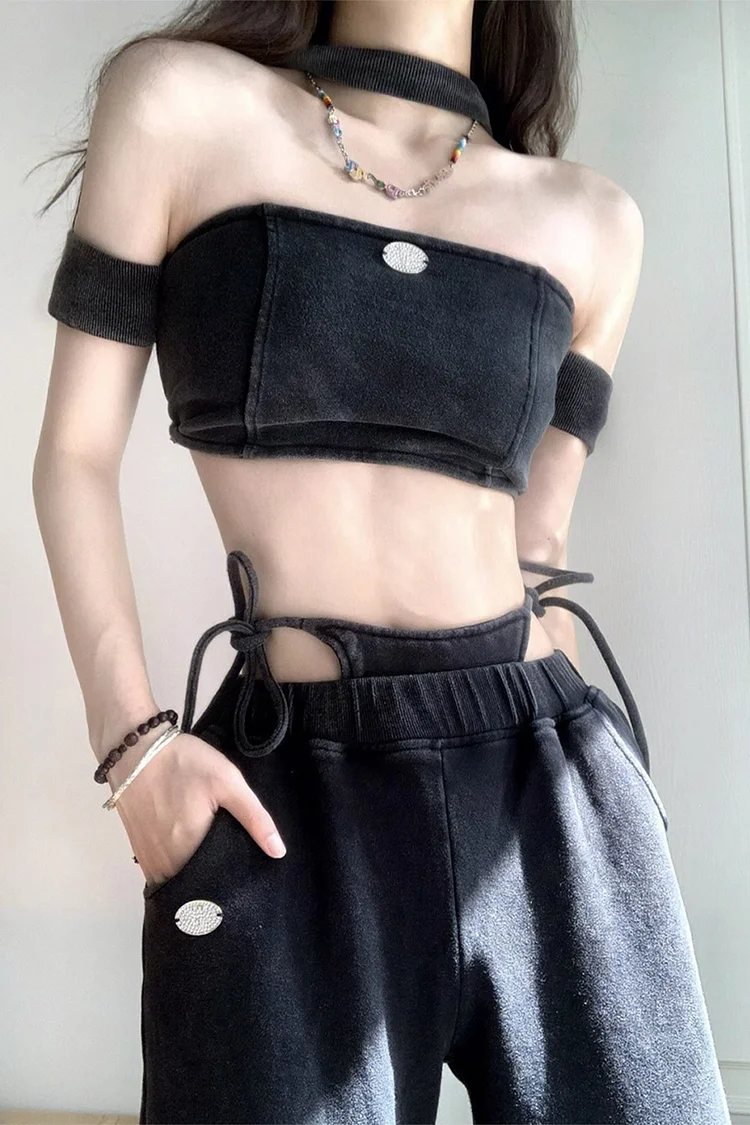Gothic Black Casual Tube Top High Waist With Pockts Pants