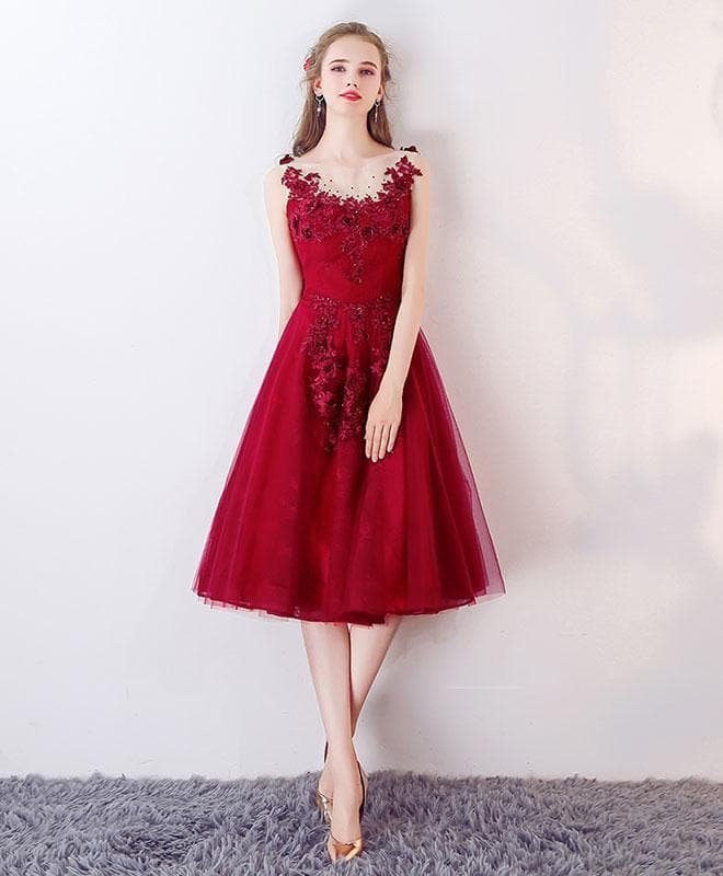 Burgundy Round Neck Tulle Lace Applique Short Prom Dress