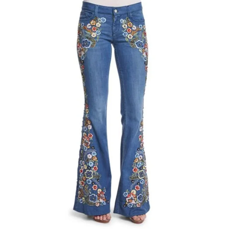 Fashion flower print comfortable casual flared jeans