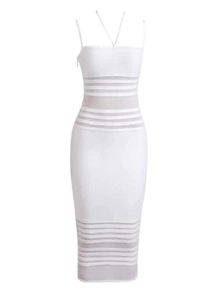 ABEBEY-White  High Waist Halter Strap Dress