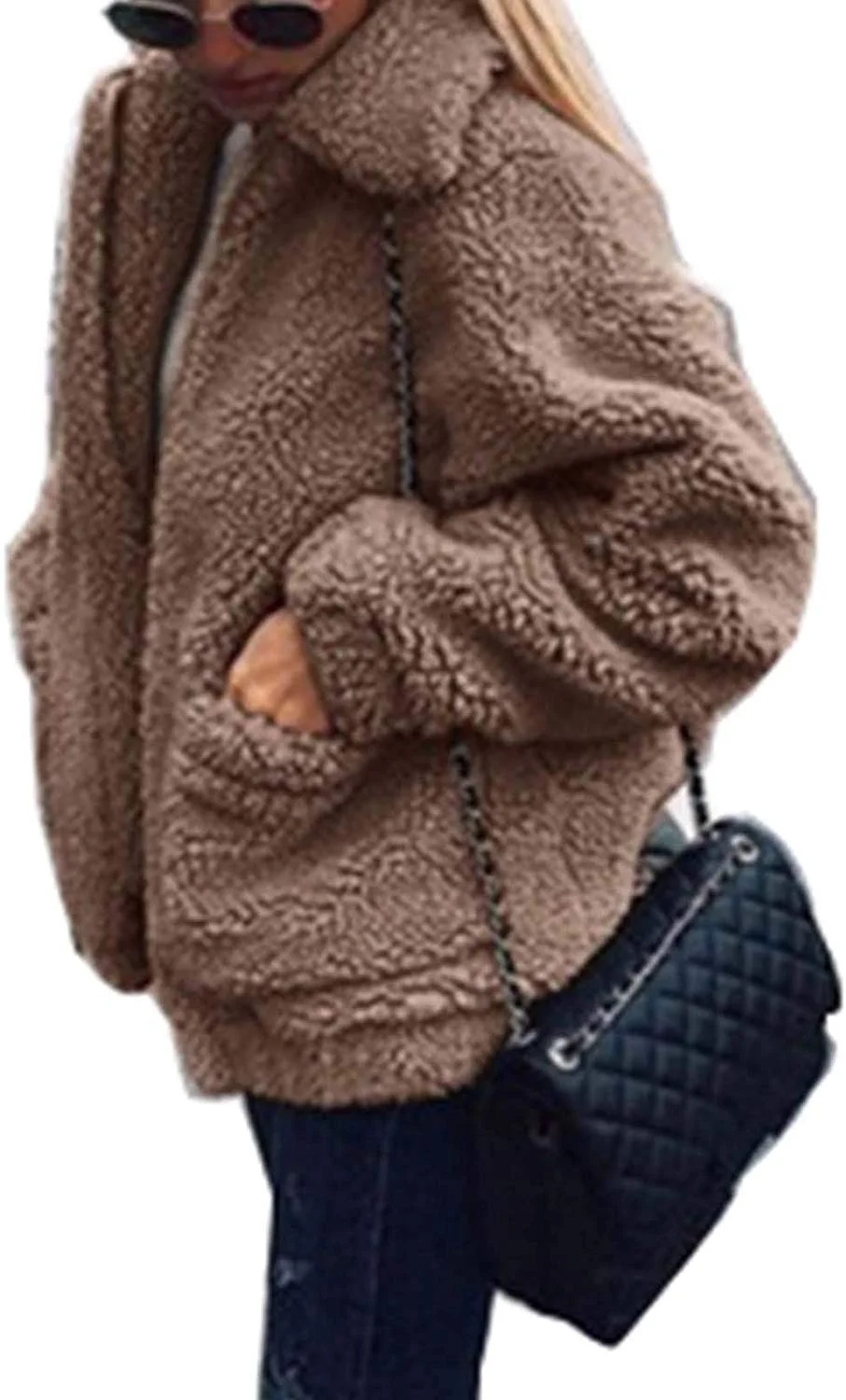 Women's Coat Casual Fleece Fuzzy Faux Shearling Fluffy Jackets Winter Long Sleeve Zip Up Outwear with Pockets S-3XL