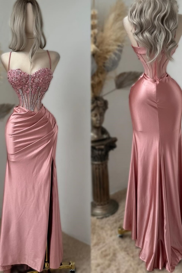 Lussooy Exquisite Spaghetti-Straps Sweetheart Embroidery Split Evening Dress