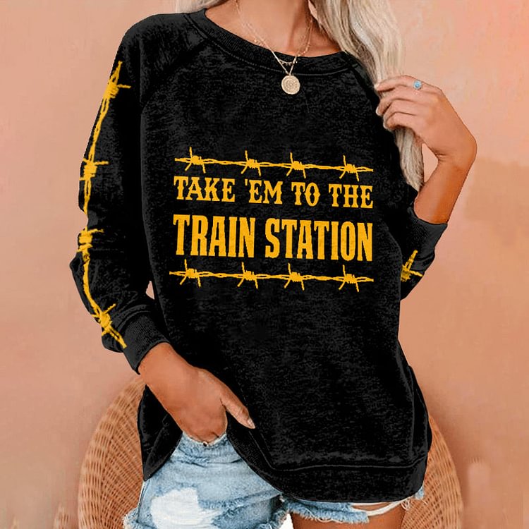 VChics Western Letter Cow Printed Long Sleeve Sweatshirt